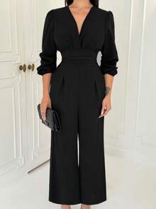 Shopreo Women's V-Neck Pleated Solid Long Sleeve Jumpsuit - Black - View 5