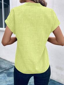 EMERY ROSE Áo sơ mi tay ngắn dáng rộng, màu trơn, cổ chữ V, thích hợp cho mùa hè. - màu xanh lá - Xem 2