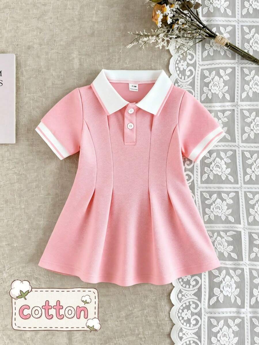 SHEIN Playful Pals Baby Girl Contrast Trim Casual Short Sleeve Dress - Pink - View 1