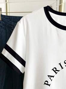 女士及少女时尚复黎埃菲尔铁塔条纹短袖T恤，修身露脐设计，黑白简约百搭T恤，经典巴黎铁塔印花，夏季上衣 - 彩色 - 查看 4