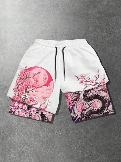 ROMWE MEN Anime Men's Chinese Dragon Print Drawstring Waist Double-Layer Shorts
