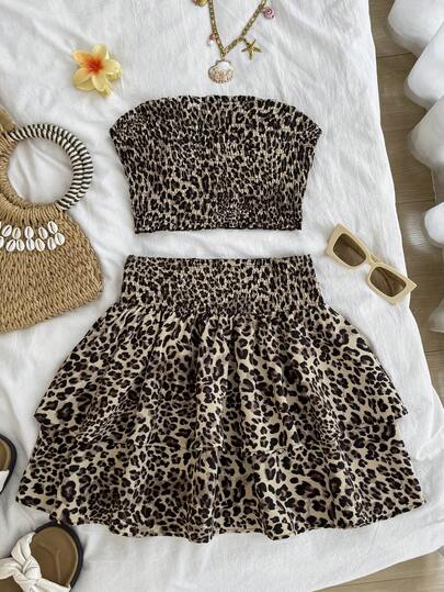 SHEIN Teen Girls Leopard Print Tube Top Woven Tight Cropped Camisole With High Waist Layered Ruffle Hem Skirt Two Pieces Vacation Casual Outfit