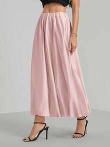 SHEIN Tall Chân váy xếp ly dáng chữ A đơn giản bằng vải satin màu be dành cho nữ. - Hồng - Xem 8