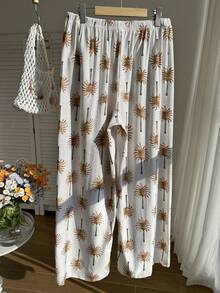 Comfortcana 大码舒适亚麻棕榈树印花休闲裤，适合春夏穿着 - 彩色 - 查看 2