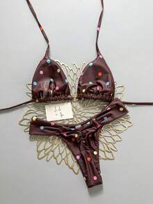 Swim Vcay 基础款两件套波点随机印花金色圆环装饰挂脖三角杯文胸和褶皱丁字裤比基尼性感泳装，女士春夏泳衣棕色比基尼女士两件套波点比基尼 - 彩色 - 查看 2