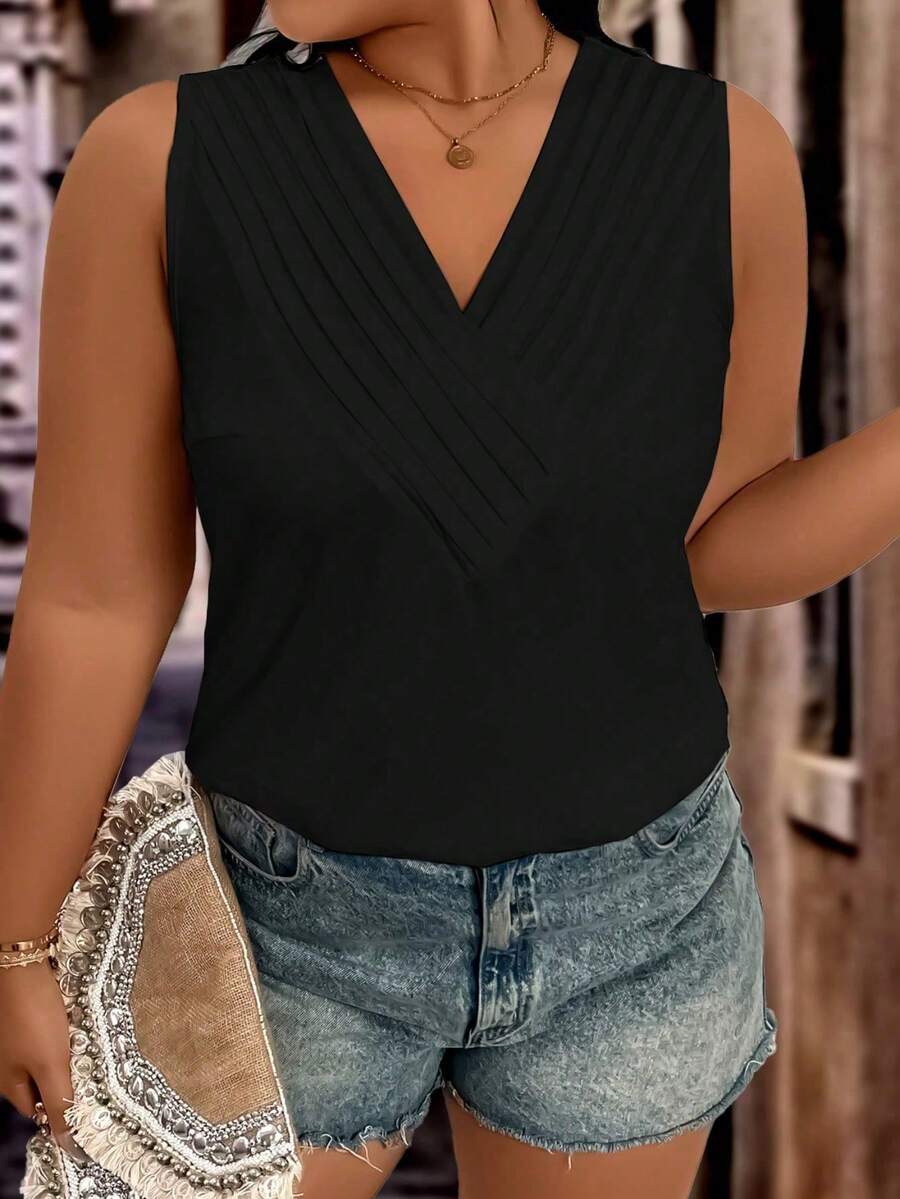 EMERY ROSE Plus Size Casual Solid Color Tank Top - Black - View 1