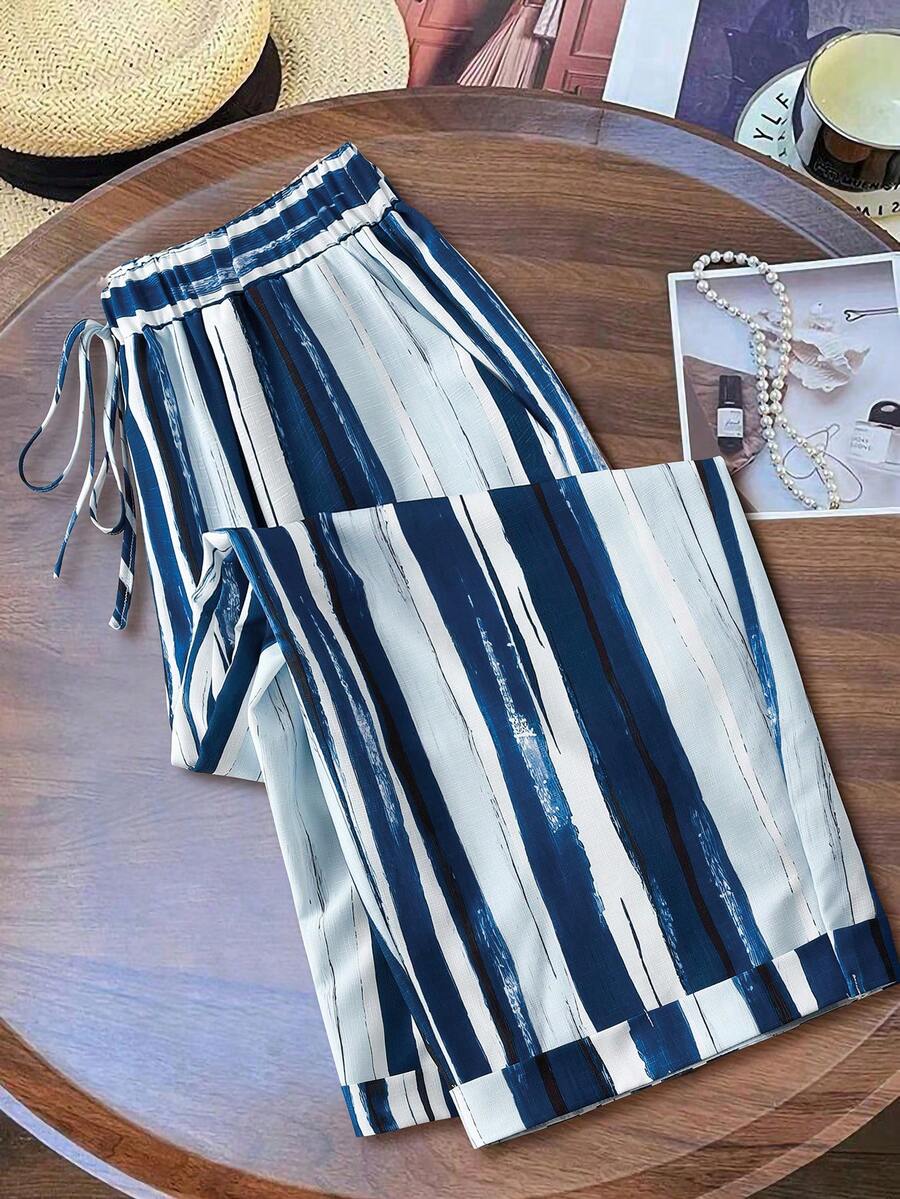 Linhara Quần ống rộng kẻ sọc cổ điển dành cho nữ cỡ lớn, kiểu dáng thoải mái, chất liệu nhẹ, thích hợp cho mùa xuân/hè. - Màu xanh lam - Xem 1