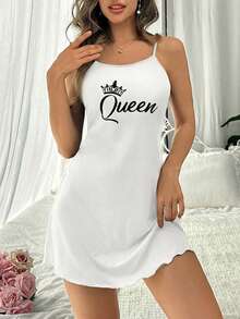 SHEIN Áo ngủ hai dây in hình vương miện và chữ cái kiểu dáng giản dị dành cho nữ. - trắng - Xem 2