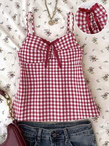 Tween Girl Casual Minimalist Comfortable Crisscross Strap Plaid Tank Top Checkered Top Picnic Outfit Girl Summer Top Red Plaid Top Bow Top - Red and White - View 1