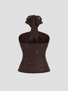 Sweetra Women's Metal Decor Ruched Neck Versatile Sexy Casual Top For Dates Club Night And Outings Dark Brown Summer - Coffee Brown - View 2
