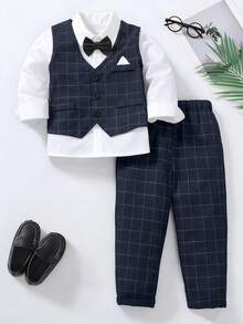 小男孩格紋套裝，長褲、長袖，返校生日慶祝，白色與淺藍色秋季婚禮套裝 - 藏蓝色 - 查看 3