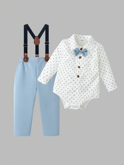 SHEIN 2pcs/Set Infant Romper + Pants, Light Blue Bodysuit With Black Polka Dots, Navy Blue Bow Tie Collar, Button Front, Paired With Adjustable Navy Blue Bib Pants, Suitable For Weddings, Birthdays And Parties