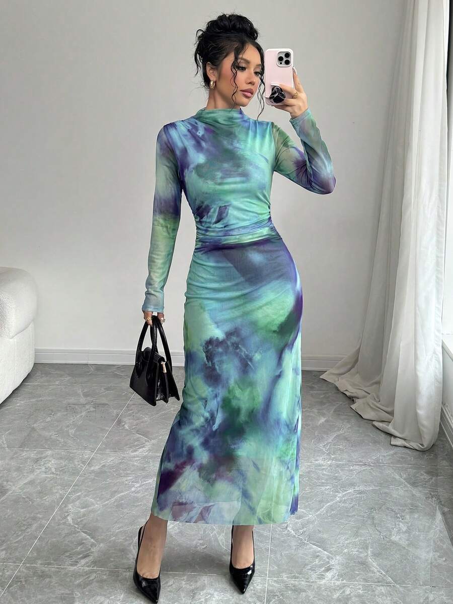 Selianne 女士新款秋冬立领长袖褶裥收腰网纱扎染水墨印花连衣裙长款女装 - 青碧色 - 查看 1