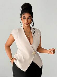 Maweii Blazer sin mangas de corte slim de moda de verano para tallas grandes - Caqui - Ver 1