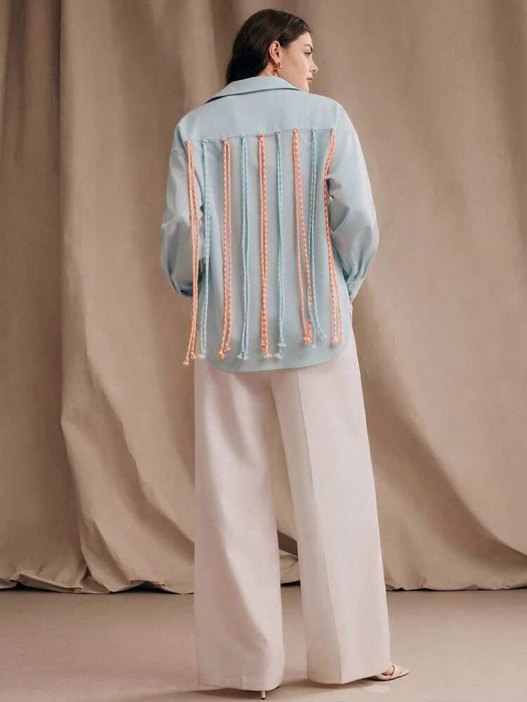 Camisa de manga larga con decoración de flecos para mujer talla grande, nueva colección primavera/verano