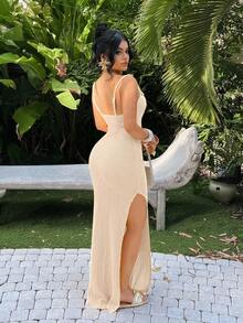 SHEIN SXY Vestido casual minimalista de talla grande con abertura en el bajo y unicolor - Albaricoque - Ver 2