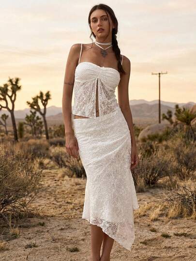 Easelle Vintage Bohemian Lace Camisole Top And Asymmetric Hem Skirt Set For Women