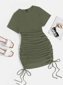 Rustia Plus Size Women Summer Short Sleeve Drawstring Ruched Bodycon Dress,Olive Green Sommar Casual Night Out Club Casual Everyday Commute Fitted Outfits - Army Green - View 1