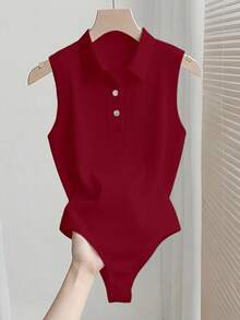 Mono elegante y versátil de punto con cuello de solapa semi-abierto, mono de mujer para primavera/verano, mono de mujer para vacaciones, mono de mujer para playa, conjunto de verano para mujer, mono de playa, mono para salir, mono para graduación, mono de vacaciones, mono casual, mono blanco, mono blanco, mono blanco de una pieza para mujer, mono blanco de verano para mujer - Burdeos - Ver 3