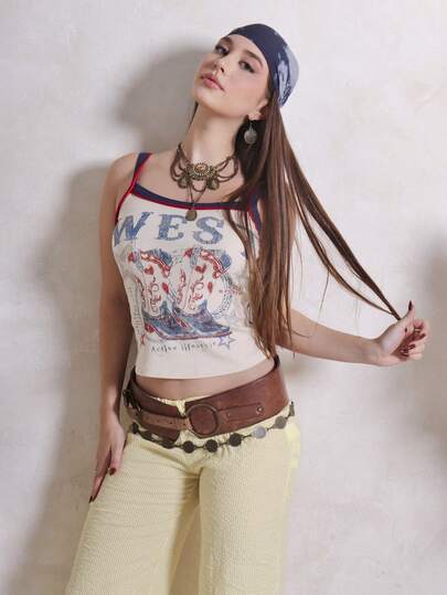 Duda Rubert 波西米亚复古西部牛仔靴图案针织撞色修身吊带背心西部背心西部露脐上衣女式印花露脐上衣，吊带背心