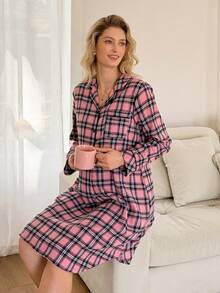 Pregnant Women Plaid Long Sleeve Button Design Nightgown - Multicolor - View 4