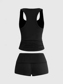 ROMWE Grunge Punk 朋克风交叉标语露脐上衣和超低腰迷你短裤两件套，音乐节穿搭 - 黑色 - 查看 2