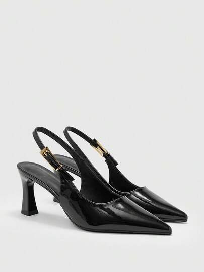 CUCCOO BIZCHIC Women Shoes Women's High-Heeled Single Shoes Spring And Summer Dating Pointed Thick Heel 8cm Elegant Patent Leather Solid Color Versatile Workplace Daily Street Fashion Metal Buckle Back Strap Comfortable Light Mouth Women's Shoes