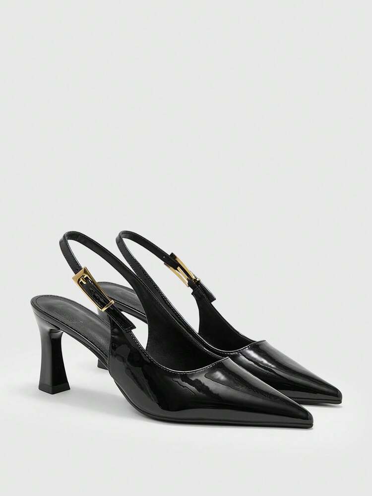 CUCCOO BIZCHIC Women Shoes Women's High-Heeled Shoes Spring And Summer Dating Pointed Thick Heel 8cm Elegant Patent Leather Solid Color Versatile Workplace Daily Street Fashion Metal Buckle Back Strap Comfortable Low Vamp Women's Shoes