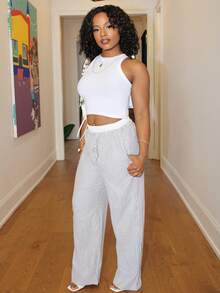 Steph T Quần dài dệt sọc nâu dành cho nữ, Xuân/Hè - Màu Khaki - Xem 4