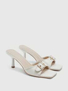 CUCCOO SZL Beige Women's Bow Buckle Design Stylish Square Toe High Heel Sandals Summer - Off-white - View 1