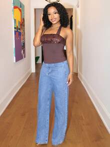 Steph T Vintage Y2K Sequin Patchwork Slim Fit Racerback Tank Top For Women - Coffee Brown - View 5