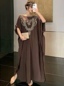 DAZY 女士头巾和宽松长袍刺绣拼接连衣裙，优雅 - 棕色 - 查看 5