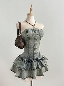 Elamini Women's Summer Washed Front Button Ruffle Hem Tube Top Denim Dress - Dark Wash - View 5