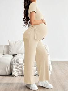 SHEIN 两件套孕妇纯色圆领短袖T恤（侧开衩下摆）和休闲裤套装 - 杏色 - 查看 4