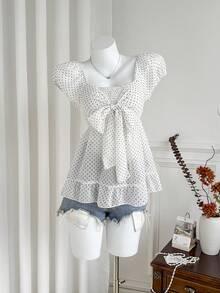 Women's Spring/Summer White Polka Dot French Casual Bowknot Unique Design Chiffon Short Sleeve Blouse - Black and White - View 8