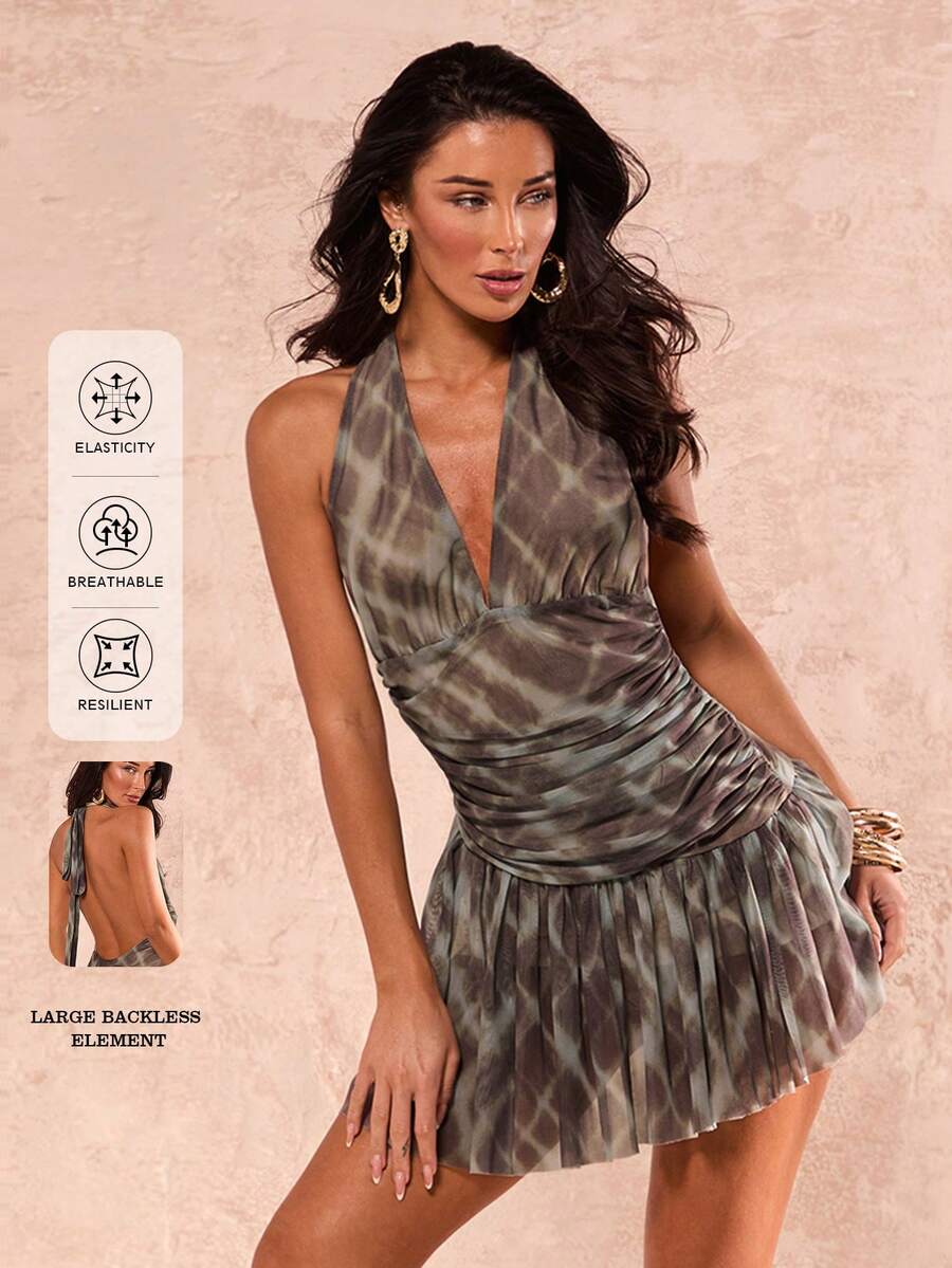 SHEIN Glamour Halter Backless Women Dress, Mesh Printed Plaid Women Dress