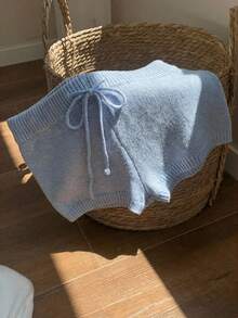 Comfortcana 秋冬季纯色高腰抽绳休闲毛衣短裤套装 - 藍色 - 查看 3