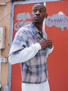 BelSigned BelSigned 男士格子印花前开襟纽扣口袋休闲长袖衬衫 - 卡其色 - 查看 5