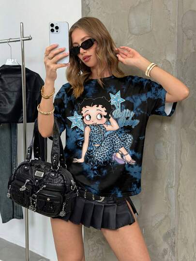 Betty Boop x SHEIN Áo thun ngắn tay nữ cổ tròn in chữ hoạt hình, kiểu dáng thường ngày, đa năng.