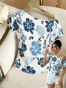 Elenzga 女士印花不对称肩部休闲度假衬衫 - 藏蓝色 - 查看 7