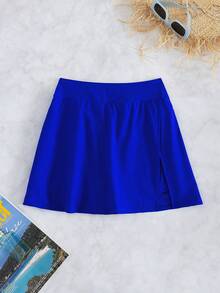 Swim Lushoire Bộ đồ đi biển màu trơn dành cho nữ với thiết kế váy xếp ly xẻ tà thanh lịch và quần short đi biển. - Xanh đậm - Xem 6
