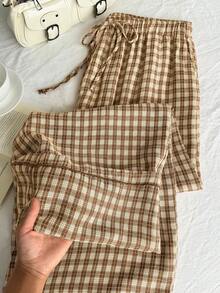 Comfortcana Beige,Summer,Casual,Picnic Women's Plaid Wide Leg Pants,Plus Size Countryside Style Checkered Trousers,Pleated Loose Drawstring Waist Yellow Bottoms - Multicolor - View 9