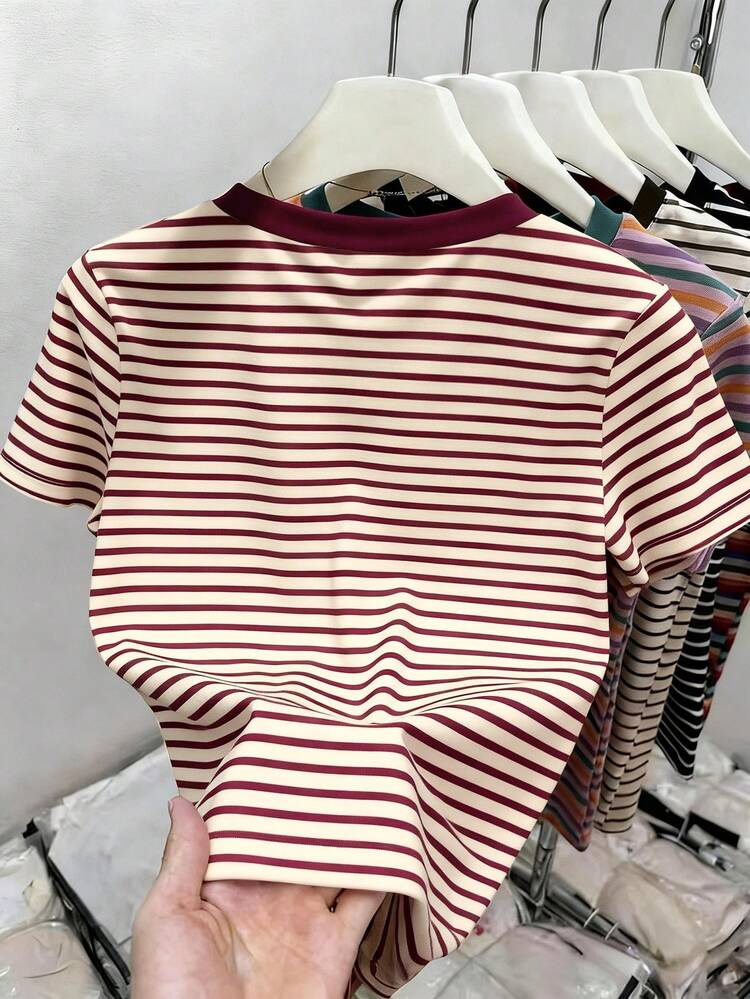 Resyla Women's Casual Striped Print Round Neck Short Sleeve T-Shirt, Suitable For Summer Holiday And Daily Commute - Multicolor - View 2