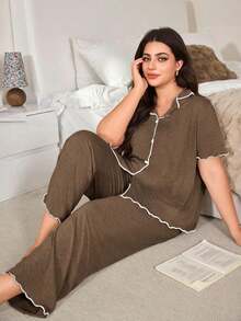 Doze Lane Plus Size Women's Brown Ruffle Trim Super Soft Draping Lightweight Floral Chiffon Knit Fabric Classic Loose Turndown Open Front Short Sleeve Pants - Brown - View 6