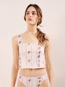 lacRébo Pink Floral Stripe French Print Square Neck Strap Top And Matching Knicker Sleepwear Set Spring - White - View 6