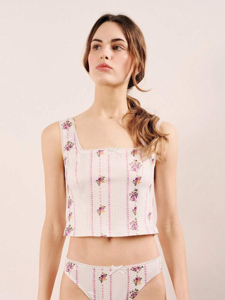 Pink Floral Stripe French Print Square Neck Strap Top And Matching Knicker Sleepwear Set Spring