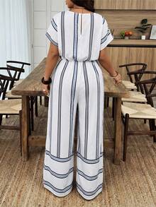 SHEIN LUNE Plus Size Women's V-Neck Crossover Waist Colorblock Geometric Striped Print Loose Casual Jumpsuit, Suitable For Spring/Summer - Blue and White - View 2