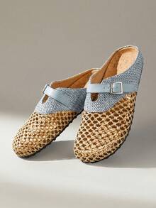 女士春夏新款编织网面平底鞋，拼接装饰，圆头设计，一脚蹬，舒适简约，适合度假、通勤、休闲百搭、约会旅行、下午茶等场合。 - 天藍色 - 查看 3