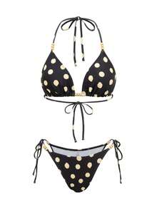 Swim Oasis 女士黑色和黄色波点露背性感沙滩度假比基尼三件套，夏季 - 黑色 - 查看 6