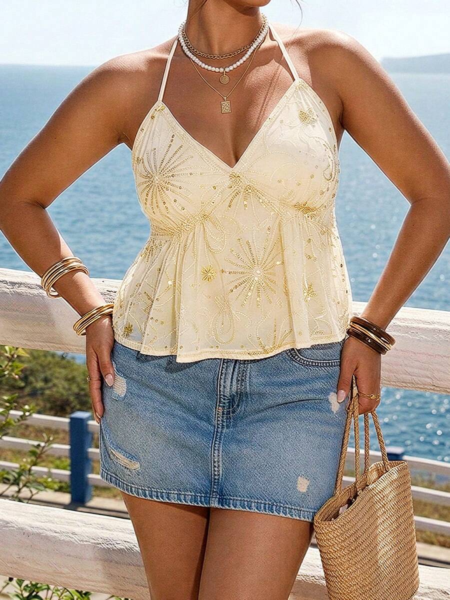 Lounesse Plus Size Women Sequin Halter Top, Fashionable Casual & Date, Summer Tops - Apricot - View 1
